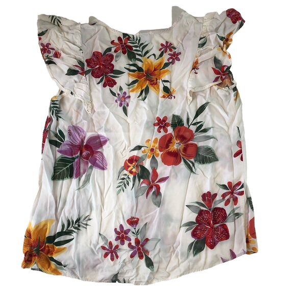 Old Navy Women’s White Floral Ruffle Flutter Short Sleeve Tropical Top Medium - Picture 2 of 14
